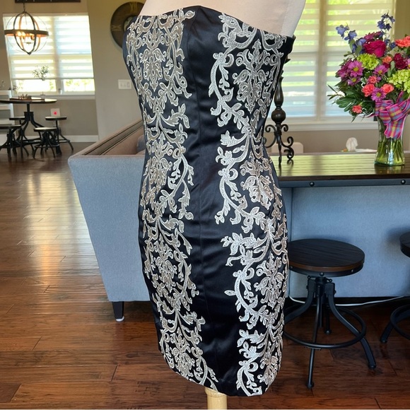 WHBM Strapless Cocktail Dress Size 2 Black Satin Gold Embroidered Sheath Fitted - Picture 3 of 16
